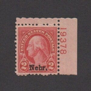 Scott# 671 "NEBRASKA OVERPRINT - GEORGE WASHINGTON, PLATE# SINGLE, MINT