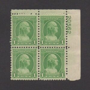 Scott# 705 "WASHINGTON BICENTENNIAL" UR PLATE BLOCK (4) MNH, DG PLATE# 20562