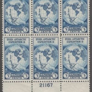 Scott# 733 "BYRD ANTARCTIC EXPO" MINT LOWER PLATE BLOCK (6) PLATE# 21167