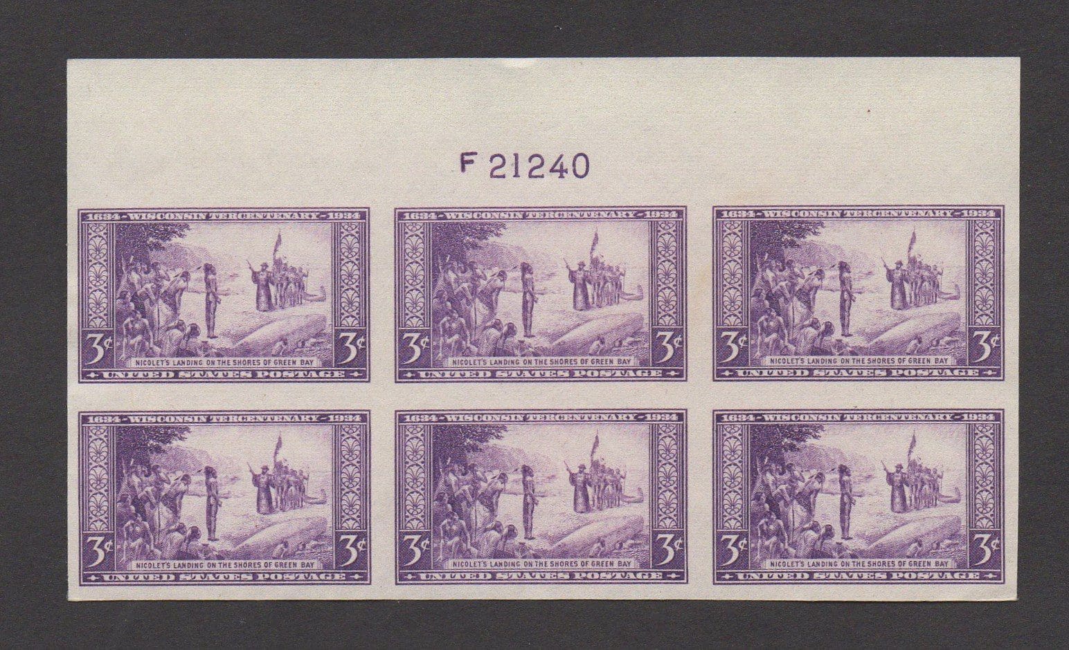 Scott# 755 "NICOLET'S LANDING" IMPERF. PLATE BLOCK (6) MNH, NGAI