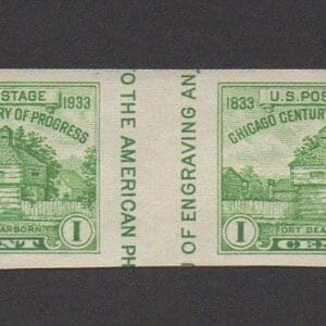 Scott# 766a FORT DEARBORN SOUVENIR SHEET HORIZONTAL PAIR WITH VERTICAL GUTTER, MINT