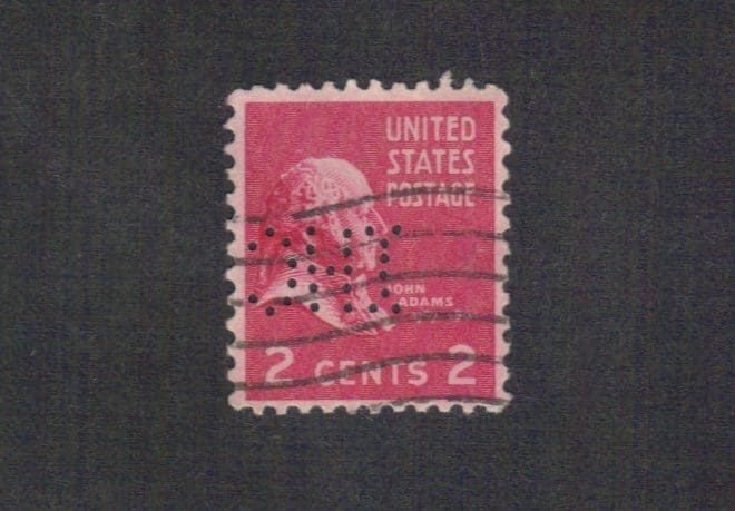 Scott# 806 "JOHN ADAMS" USED WITH "INT'L HARVESTER Co" PERFIN: