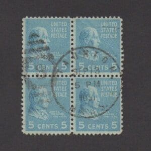 Scott# 810 "JAMES MONROE" BLOCK (4) WITH TAUNTON MASS. DATED LOCAL & NUMERAL 8
