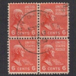 Scott# 811 "JOHN Q ADAMS" BLOCK (4) WITH SAN GABRIEL DATE/TIME LOCAL CANCEL