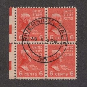 Scott# 811 "JOHN Q ADAMS" BLOCK (4) WITH RIVERSIDE CA. DATE/TIME LOCAL CANCEL