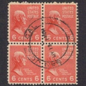 Scott# 811 "JOHN Q ADAMS" BLOCK (4) WITH SAN JOSE CA. DATE/TIME LOCAL CANCEL