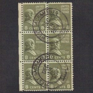 Scott# 813 "MARTIN VAN BUREN" BLOCK (6) WITH WEST SACRAMENTO CA. LOCAL CANCEL