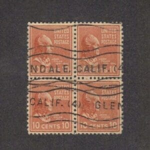 Scott# 815 "JOHN TYLER" BLOCK (4) WITH GLENDALE, CA. LOCAL CANCEL