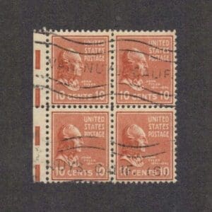 Scott# 815 "JOHN TYLER" BLOCK (4) WITH VAN NUYS, CA. LOCAL CANCEL