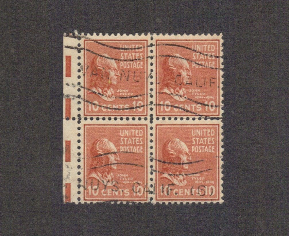 Scott# 815 "JOHN TYLER" BLOCK (4) WITH VAN NUYS, CA. LOCAL CANCEL