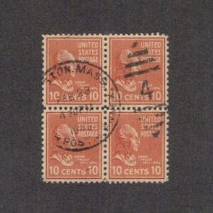 Scott# 815 "JOHN TYLER" BLOCK (4) WITH BOSTON LOCAL & NUMERAL 4 CANCEL
