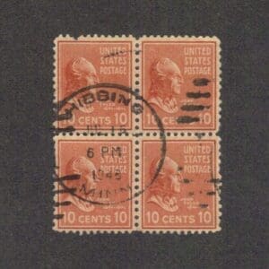 Scott# 815 "JOHN TYLER" BLOCK (4) WITH HIBBING, MINN. DATE / TIME LOCAL CANCEL