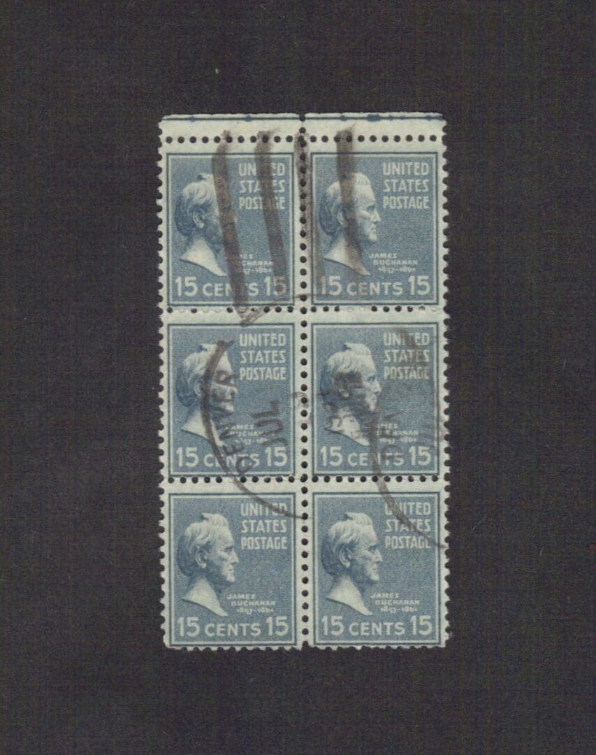 Scott# 820 "JAMES BUCHANAN" BLOCK (6) WITH DENVER COLORADO CANCEL