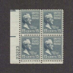 Scott# 820 "BUCHANAN" PLATE BLOCK (4) MNH, OG, NICELY CENTERED