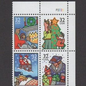 Scott# 3108-11"FAMILY SCENES OF CHRISTMAS" PLATE BLOCK (4) MNH