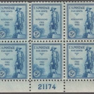 Scott# 734 "GENERAL KOSCIUSZKO" LOWER PLATE BLOCK (6) MINT P#21174