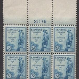 Scott# 734 GENERAL KOSCIUSZKO PLATE BLOCK(6) MNH, NICELY CENTERED