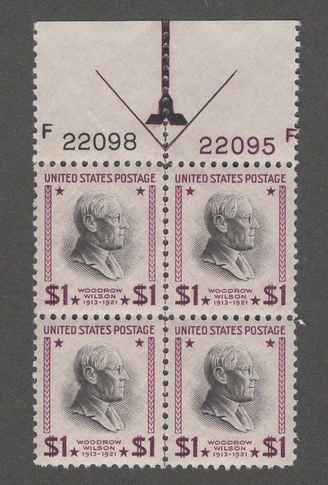 Scott# 832 "WOODROW WILSON" MNH CENTERLINE PLATE BLOCK (4) *CHOICE*