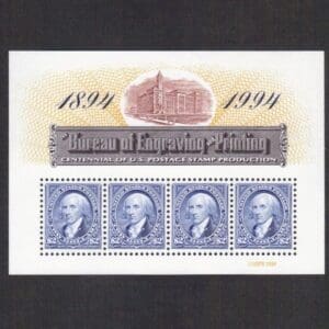 Scott# 2875 "B.E.P. 100th ANNIVERSARY" S/A SOUVENIR SHEET, MNH