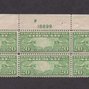 Scott# C9 "MAP & PLANES" TOP PLATE BLOCK (6) MNH, NICELY CENTERED