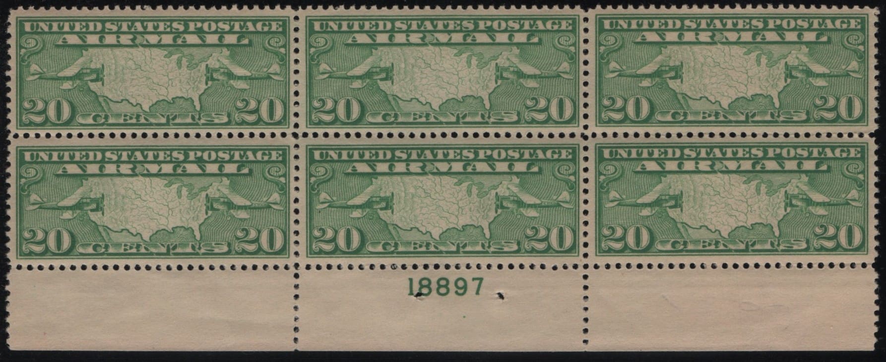 Scott# C9 "MAP & PLANES" PLATE BLOCK (6) MNH, NICELY CENTERED