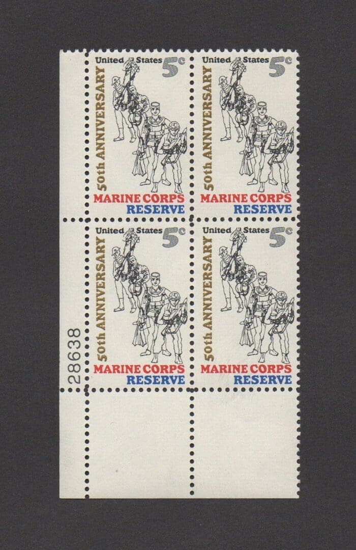 Scott# 1315a "MARINE CORPS RESERVE" TAGGED PLATE BLOCK (4) MNH