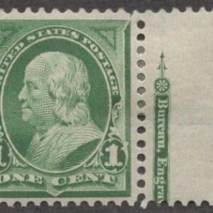 Scott# 279 "FRANKLIN" MINT SINGLE WITH IMPRINT, NICELY CENTERED