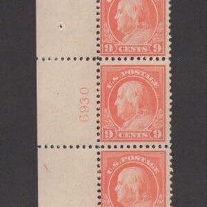 Scott# 509 "FRANKLIN" FLAT PLATE, PERF 11 PLATE # STRIP OF (3) MNH