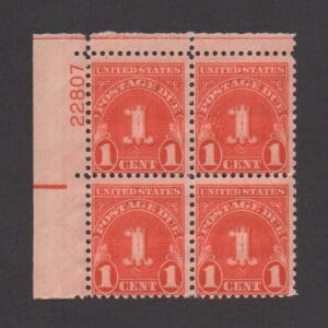 Scott# J80 "POSTAGE DUE" SERIES, ELECTRIC PRE EYE WET PLATE BLOCK (4) MNH