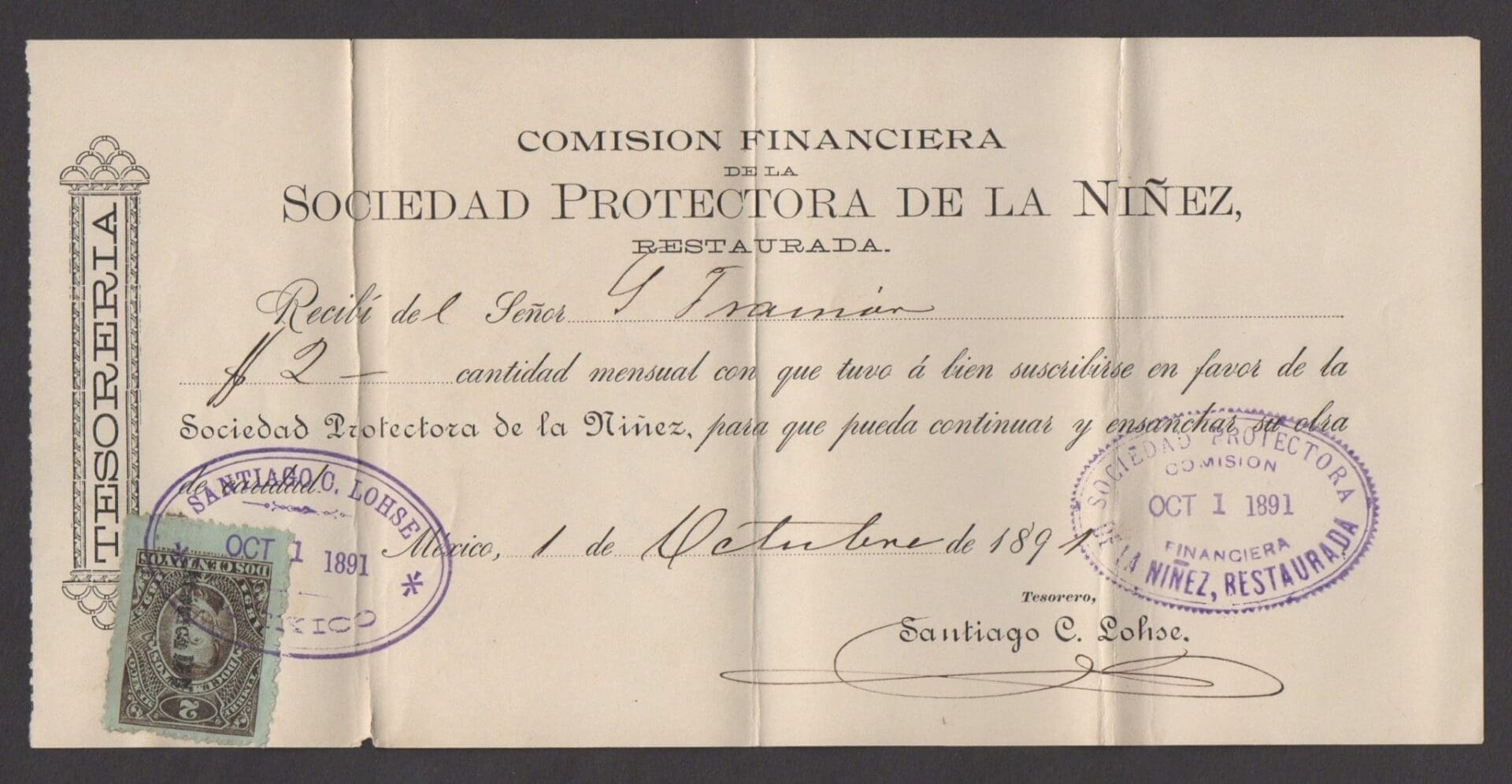 MEXICO REVENUE CIRCA 1891 ON DOCUMENT, GREAT CONDITION FOR 129 YEARS