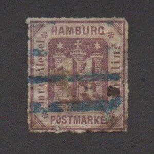 Scott# 24 "HAMBURG - GERMAN STATES" ROULETTED 10 WITH BAR CANCEL