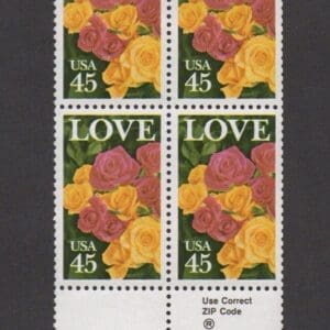Scott# 2379 "LOVE ROSES" ZIP BLOCK (4) MNH, NICELY CENTERED