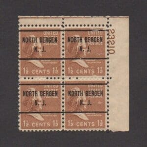 Scott# 805 "MARTHA" WITH MNH NORTH BERGEN NJ PC, PLATE BLOCK (4)