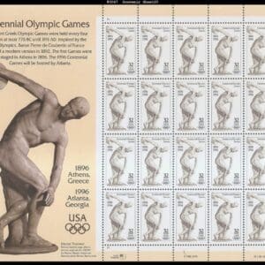 Scott# 3087 "DISCUS THROWER" FULL SHEET (20) WITH HEADER, MNH