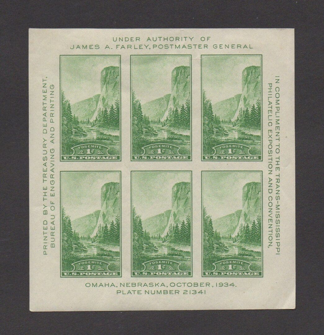 Scott# 751 TRANS-MISSISSIPPI EXPOSITION SHEET YOSEMITE (6) MINT