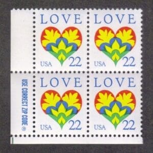 Scott# 2248 "LOVE - HEARTS & FLOWERS" ZIP BLOCK (4) MNH)