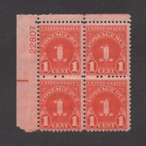 Scott# J80b"POSTAGE DUE" ROTARY, DRY PRINTED PLATE BLOCK (4) MNH