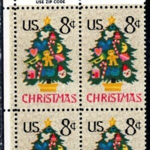 Scott# 1508 "CHRISTMAS TREE IN NEEDLEPOINT" ZIP BLOCK (4) MNH