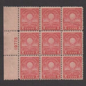 Scott# 654 EDISON LAMP LEFT PLATE BLOCK (9) MNH, NICELY CENTERED