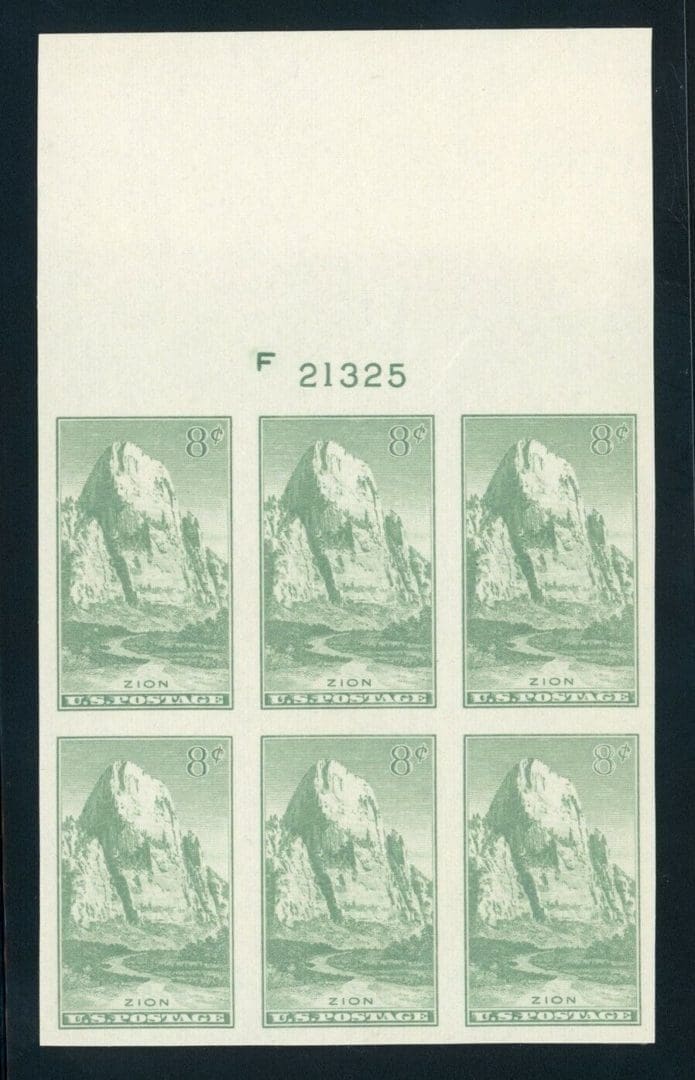 Scott# 763 ZION PARK - NAT'L PARKS" IMPERF TOP PLATE BLOCK (6)MNH