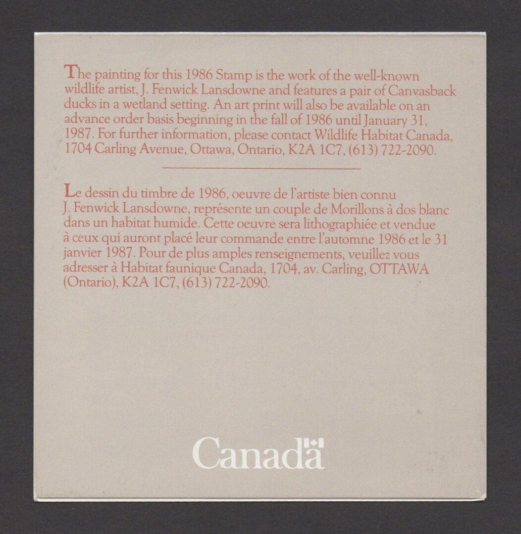 Scott# FWH2 CANADA "DUCK STAMP"1986 CANADA PRESENTATION BOOK, MNH - Image 4