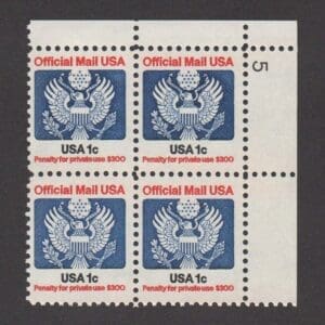 Scott# O127 "OFFICIAL MAIL" PLATE BLOCK (4) MNH, NICELY CENTERED