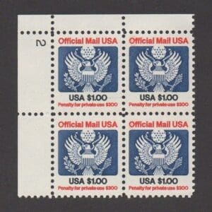 Scott# O132 "OFFICIAL MAIL" PLATE BLOCK (4) MNH, NICELY CENTERED