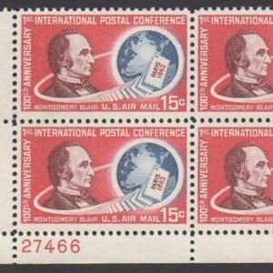 C66 "FIRST INT'L POSTAL CONFERENCE" PLATE BLOCK (4) MNH