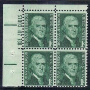 Scott# 1278 "THOMAS JEFFERSON" ZIP BLOCK (4) MNH, NICELY CENTERED
