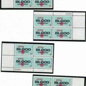 Scott# 1425 "BLOOD DONORS" MATCHED PLATE BLOCK (4) SET P# 32661
