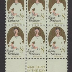 Scott# 1436 "EMILY DICKINSON" MNH MAIL EARLY BLOCK (6) NICELY CENTERED