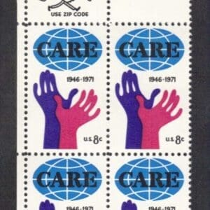 Scott# 1439 "CARE - REACHING HANDS" MNH ZIP BLOCK (4) NICELY CENTERED