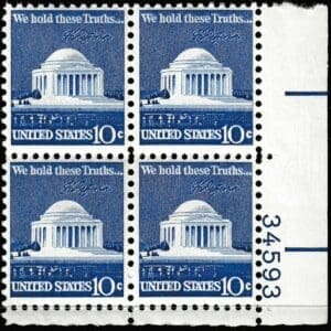 Scott# 1510 "JEFFERSON MEMORIAL" PLATE BLOCK (4) MNH, NICELY CENTERED