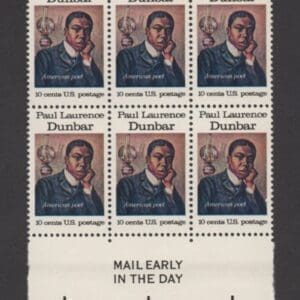 Scott# 1554 "PAUL L DUNBAR-POET" MAIL EARLY BLOCK (6) MNH, NICELY CENTERED